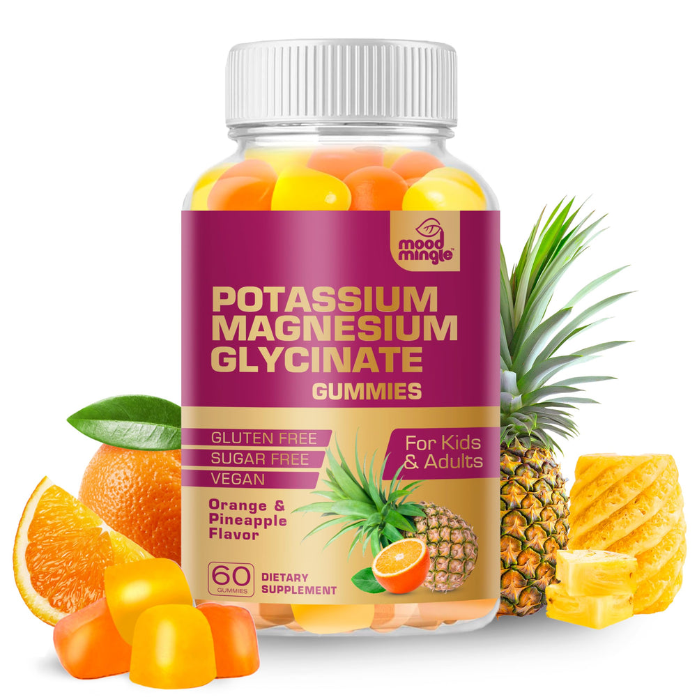 Mood Mingle Potassium Magnesium Glycinate Gummies bottle viewed, vegan and gluten-free daily wellness support