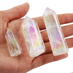 Mookaitedecor angel aura quartz wand with titanium coating showing iridescence for energy work.