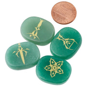 Mookaitedecor green aventurine palm stone with engraved tarot symbols for focused reiki sessions.
