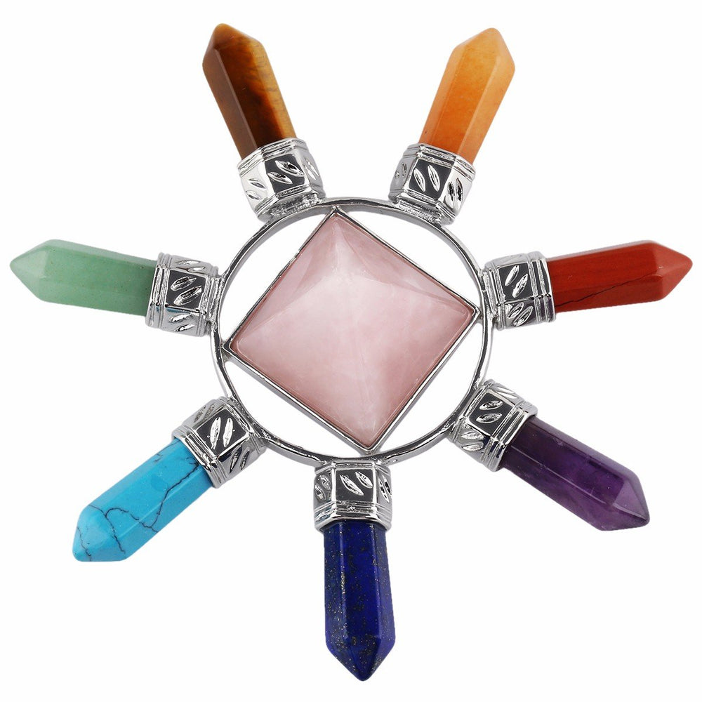 Mookaitedecor Rose Quartz Pyramid with 7 chakras for meditation and energy