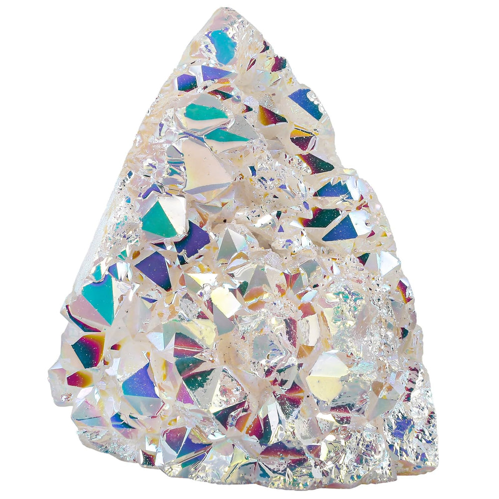 mookaitedecor titanium-coated white AB crystal cluster shines on a display shelf