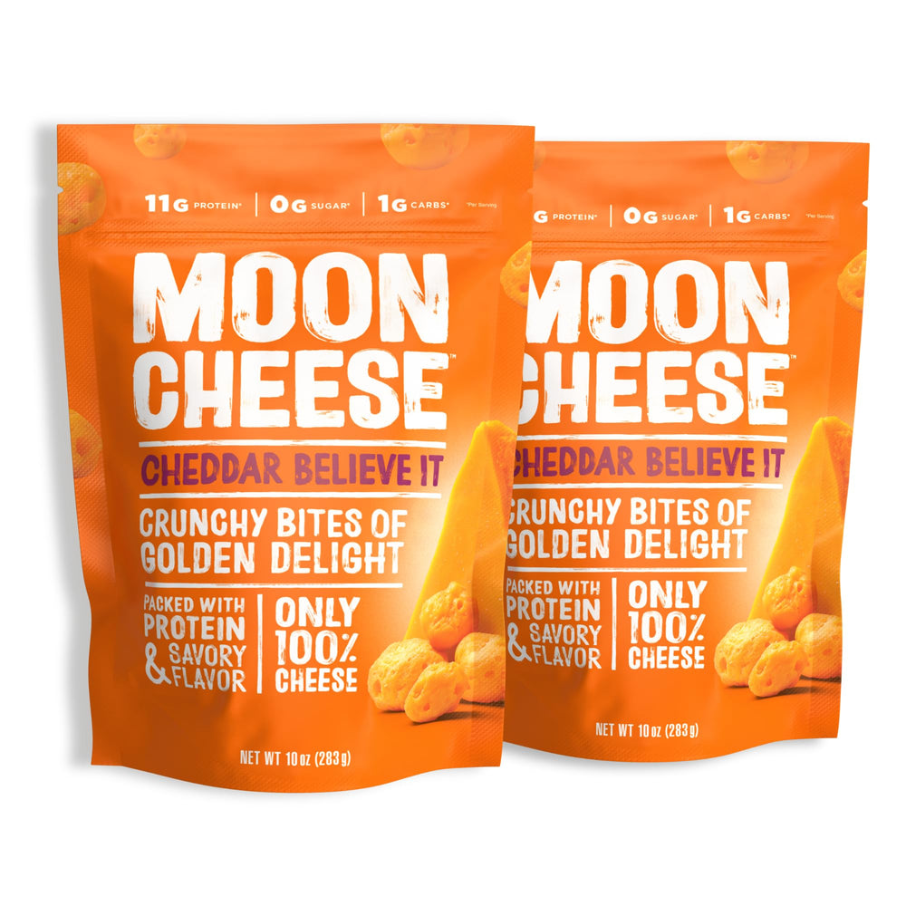 Moon Cheese Cheddar Believe It crunch bites show a bold crunchy texture for on-the-go protein