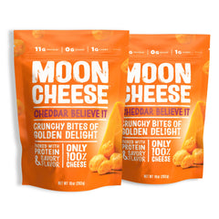 Moon Cheese Cheddar Believe It crunch bites show a bold crunchy texture for on-the-go protein