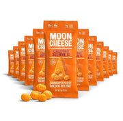 Moon Cheese Cheddar Believe It packaging in a 12-pack, ideal on-the-go snack.