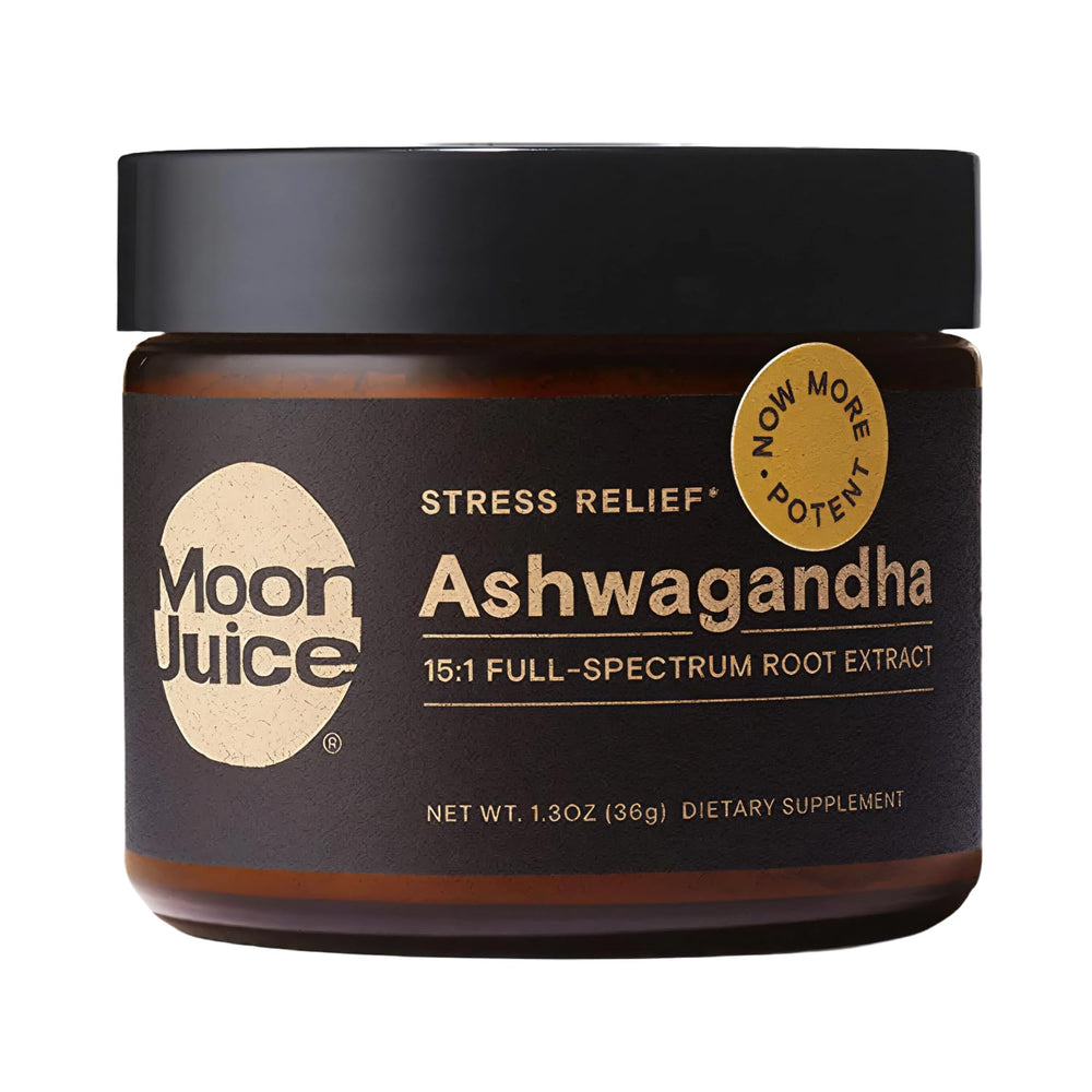 Moon Juice Ashwagandha bottle promoting daily calm and focus.