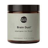 Moon Juice Brain Dust bottle on shelf, caffeine-free focus support.