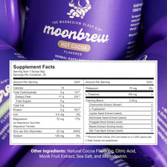 MoonBrew Nighttime Magnesium Hot Cocoa jar back with nutrition details for calm evenings.