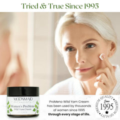 MoonMaid Botanicals ProMeno Wild Yam Cream jar highlighting rich hydration and skin smoothing