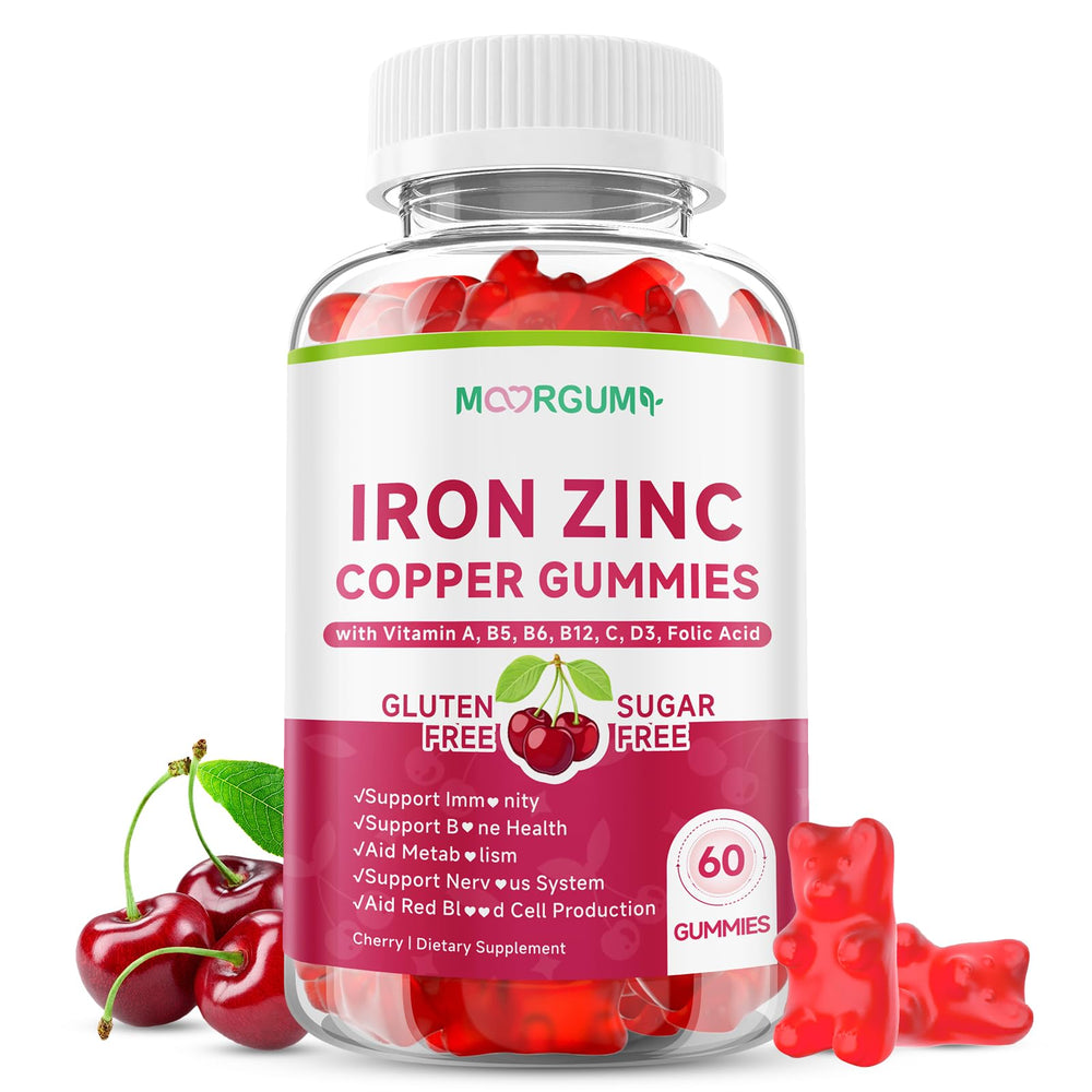 MOORGUMY iron zinc copper gummies bottle supports daily energy and immune wellness.