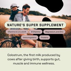 MOOVE colostrum powder measuring scoop ready to mix with beverages.