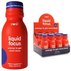 More Labs Liquid Focus bottle close-up highlighting energy-boosting formula for focus
