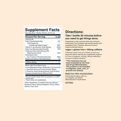 More Labs Liquid Focus label close-up highlighting caffeine and antioxidants for a sharp mind.