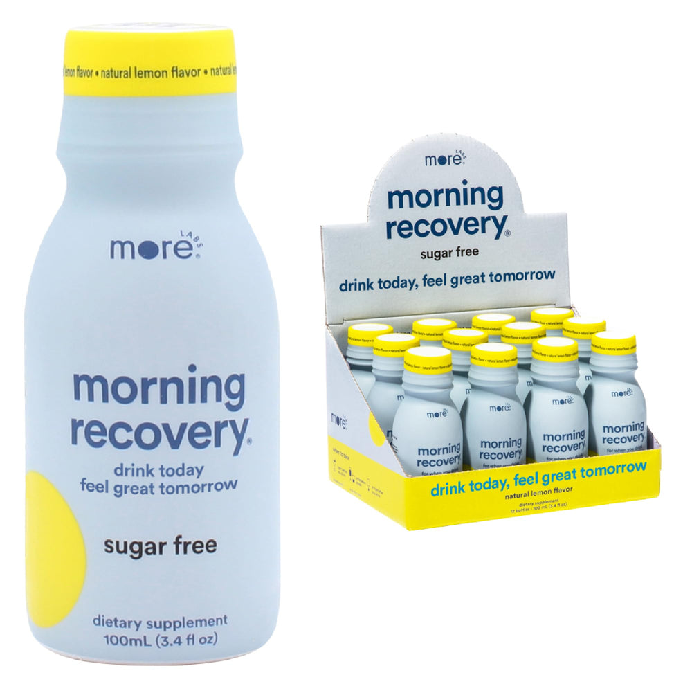 More Labs Morning Recovery Lemon bottle ready for post-drink hydration.