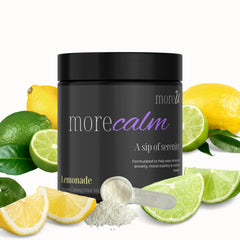 MoreU MoreCalm jar front showing calming drink mix for daily stress relief