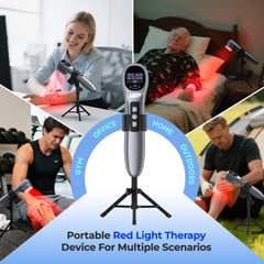 Morfone handheld with foldable stand for hands-free use during sessions.