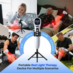 Morfone red light therapy stand enabling hands-free use for precise placement.