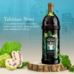 Close-up of Morinda Tahitian Noni label showing natural ingredients for balanced nutrition.