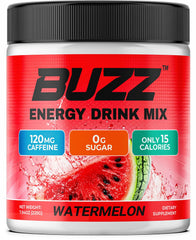 Morning Buzz energy powder bottle with serving scoop for a clean morning boost.