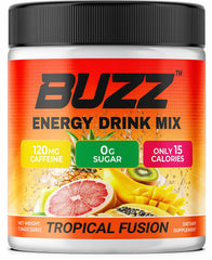Morning Buzz energy powder Tropical Fusion bottle boosts morning motivation and focus.