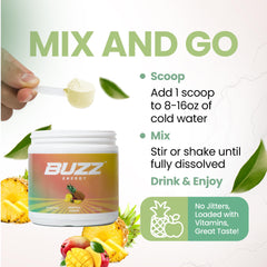 Morning Buzz energy powder tub front highlights 30 servings in tropical fusion flavor.