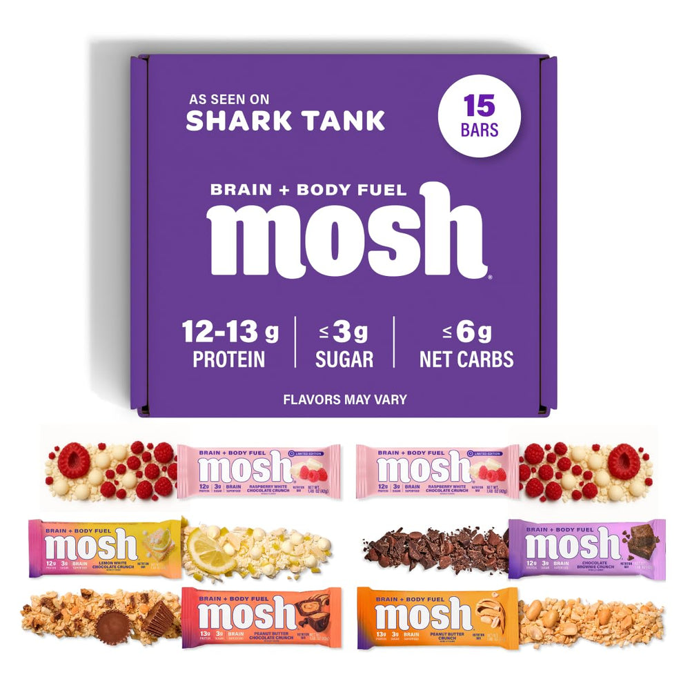 MOSH Variety Pack Keto Bars Box shows protein-packed, convenient snacking for busy days.
