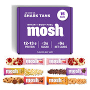 MOSH Variety Pack Keto Bars Box shows protein-packed, convenient snacking for busy days.