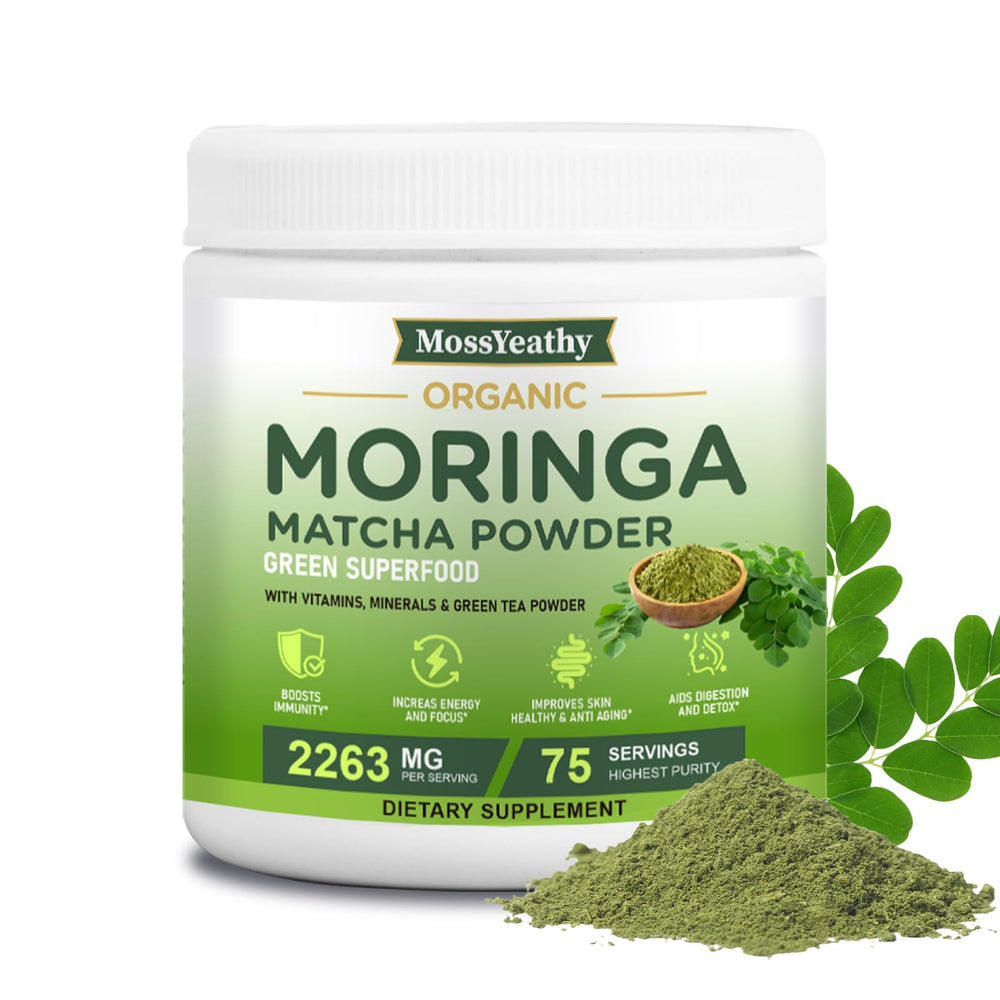 MossYeathy moringa powder with matcha—vibrant energy boost.