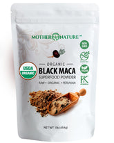 Mother Nature Organics Black Maca Powder bag closeup showing energy-boosting potential