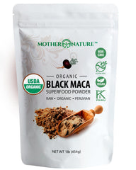 Mother Nature Organics Black Maca Powder bag closeup showing energy-boosting potential