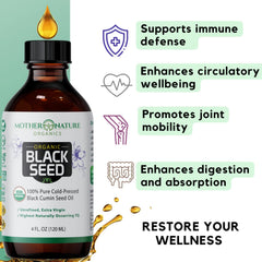 Mother Nature Organic Black Seed Oil label detail shows organic, non-GMO ingredients for daily wellness.