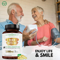 Close-up of Mother Nature Organics Superfoods for Organic Living black seed oil softgels showing premium quality.