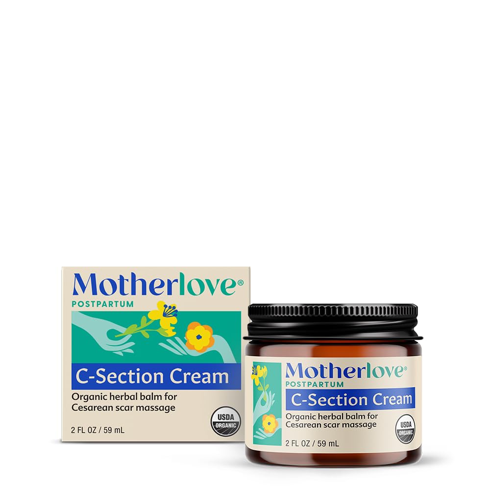 Motherlove C-Section Cream 2oz jar closeup, highlighting organic ingredients for scar care.