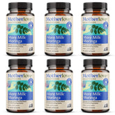 Motherlove More Milk Moringa bottle closeup highlighting organic herbal blend for nursing support.