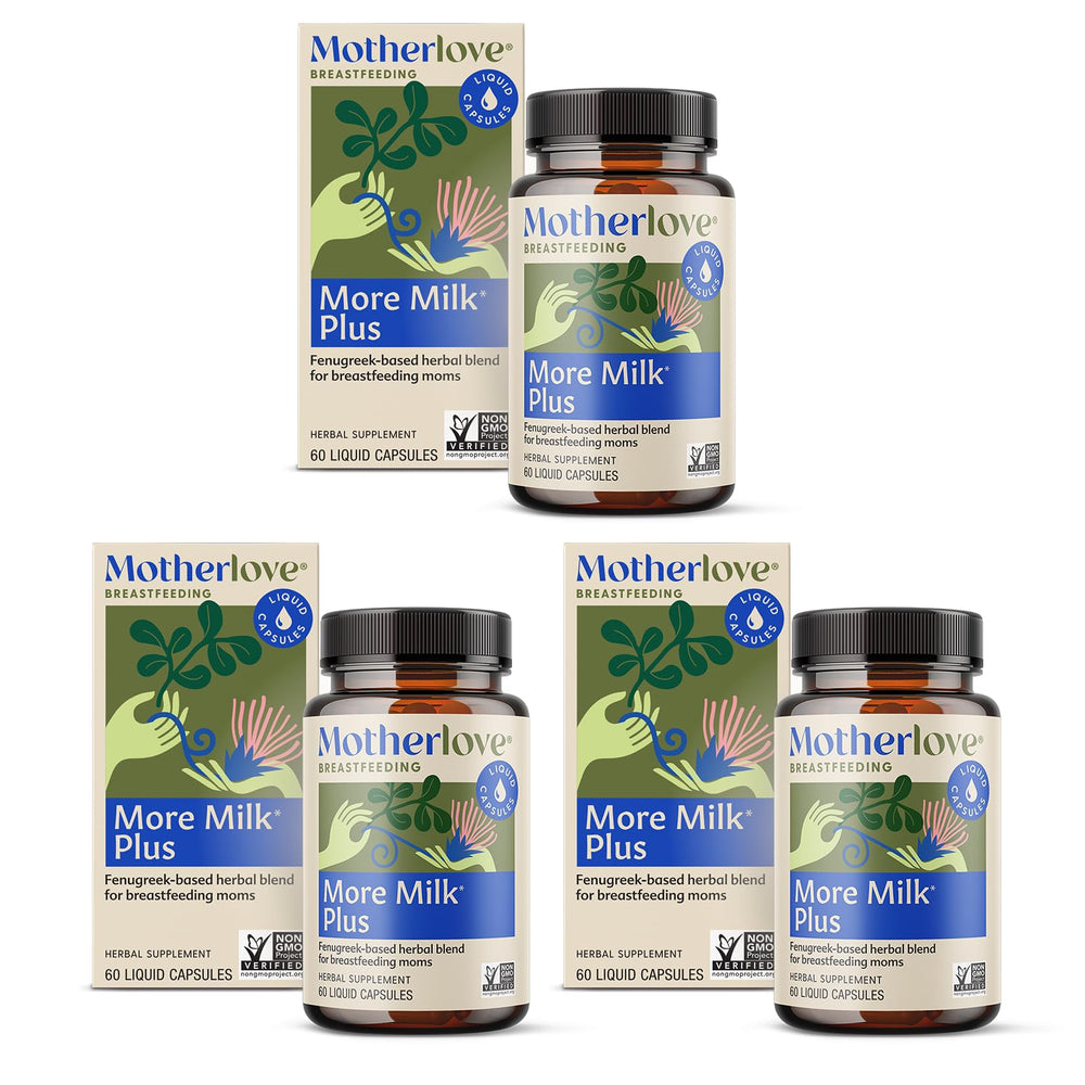 Motherlove More Milk Plus bottle front showing the herbal lactation blend for nursing moms