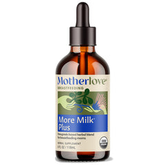 Motherlove More Milk Plus tincture bottle front for lactation support on the go