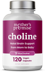 Mothers Promise Prenatal Choline bottle pour shows 550 mg dosage for daily use.