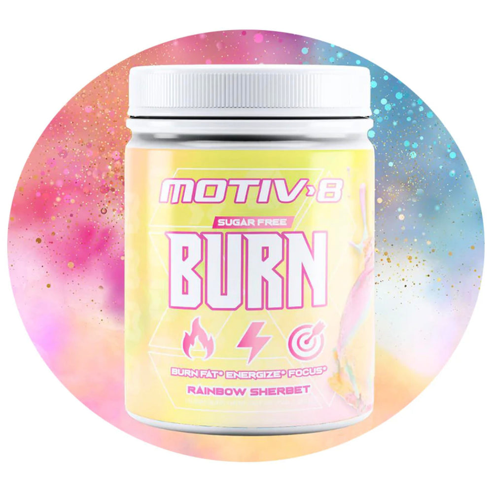 Motiv-8 Pre-Workout bottle Rainbow Sherbet boosts energy and focus during workouts.