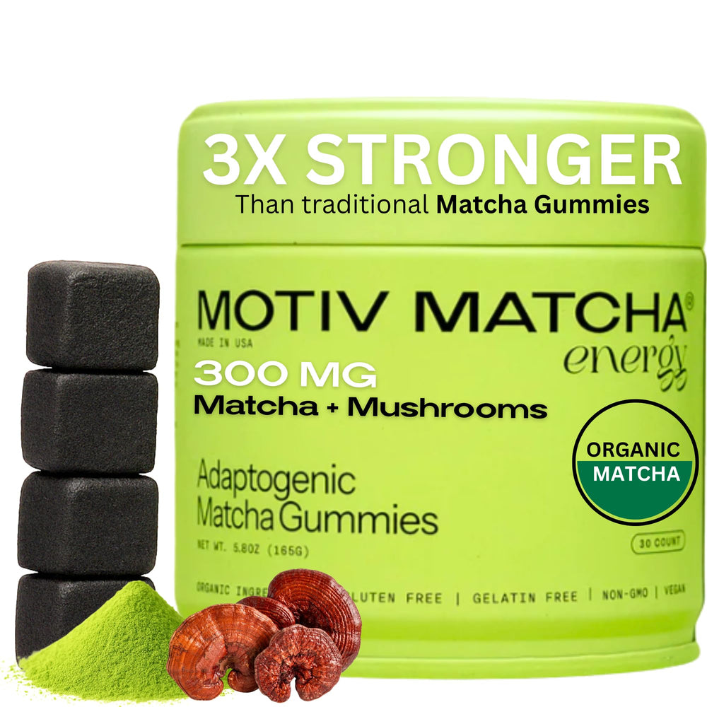 Motiv Matcha energy gummies bottle with vibrant green gummies for sustained energy