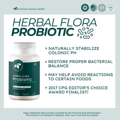 Mountain Meadow Herbs Herbal Flora Probiotics label close-up highlighting ingredients and quality.