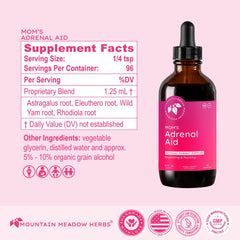 Mountain Meadow Herbs Mom's Adrenal Aid ingredients showcase herbal blend for gentle hormonal support.
