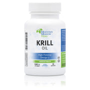 Mountain Meadow Herbs Omega-3 Krill Oil softgels bottle highlights Antarctic sourcing and heart support.