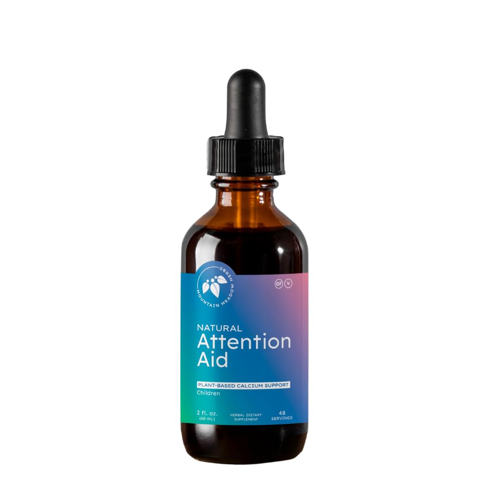 Mountain Meadow Kids Attention-Aid bottle with dropper for calm focus during study.
