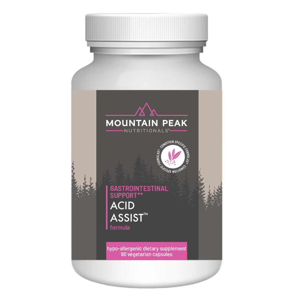 Mountain Peak Acid Assist bottle shows compact capsules for on-the-go GI support.