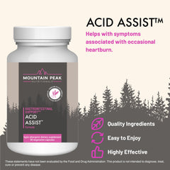 Mountain Peak Acid Assist capsules in a bottle promote gentle digestion.