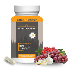 Mountain Peak HTN bottle with capsules for heart health support.