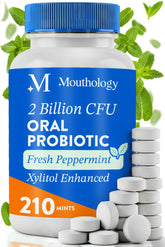 Mouthology bottle with mint probiotics for fresh breath and daily dental support.