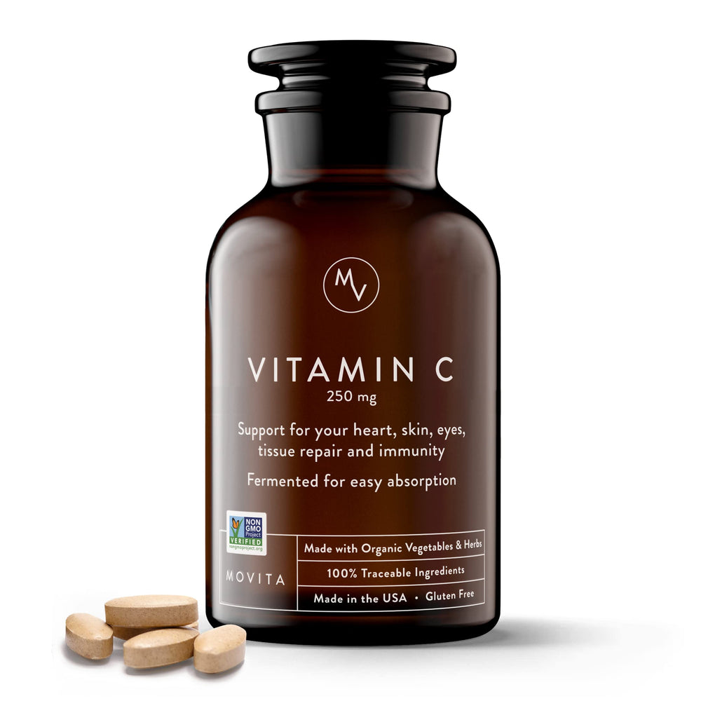 Movita fermented vitamin C 250mg bottle on counter highlights immune support.