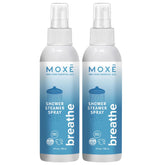 MOXE Breathe bottle dispensing aromatherapy steam for a refreshed morning shower.