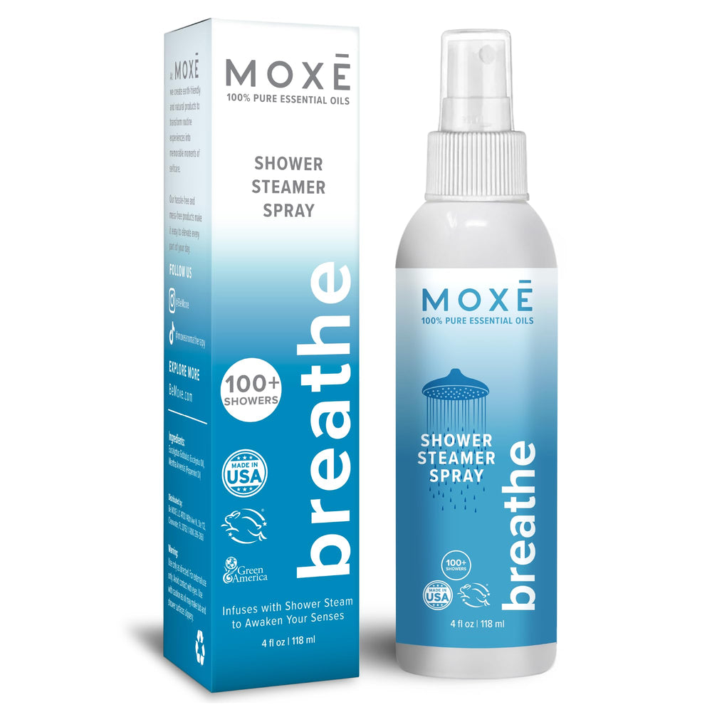 MOXE Breathe shower mist bottle with eucalyptus aroma for a refreshing shower experience