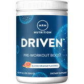 MRM Driven pre-workout blood orange tub ready for energy and focus before training.